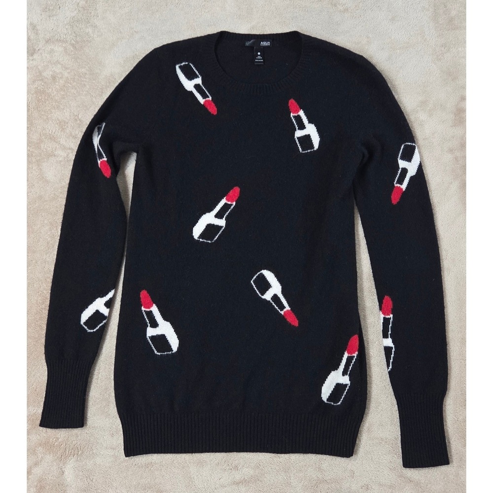 Aqua Cashmere Black Lipstick Print Sweater Womens Small Crew Neck Pullover